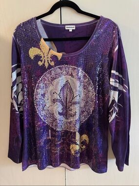 Mardi Gras Purple Sequin Fleur-de-Lis Long Sleeve Top